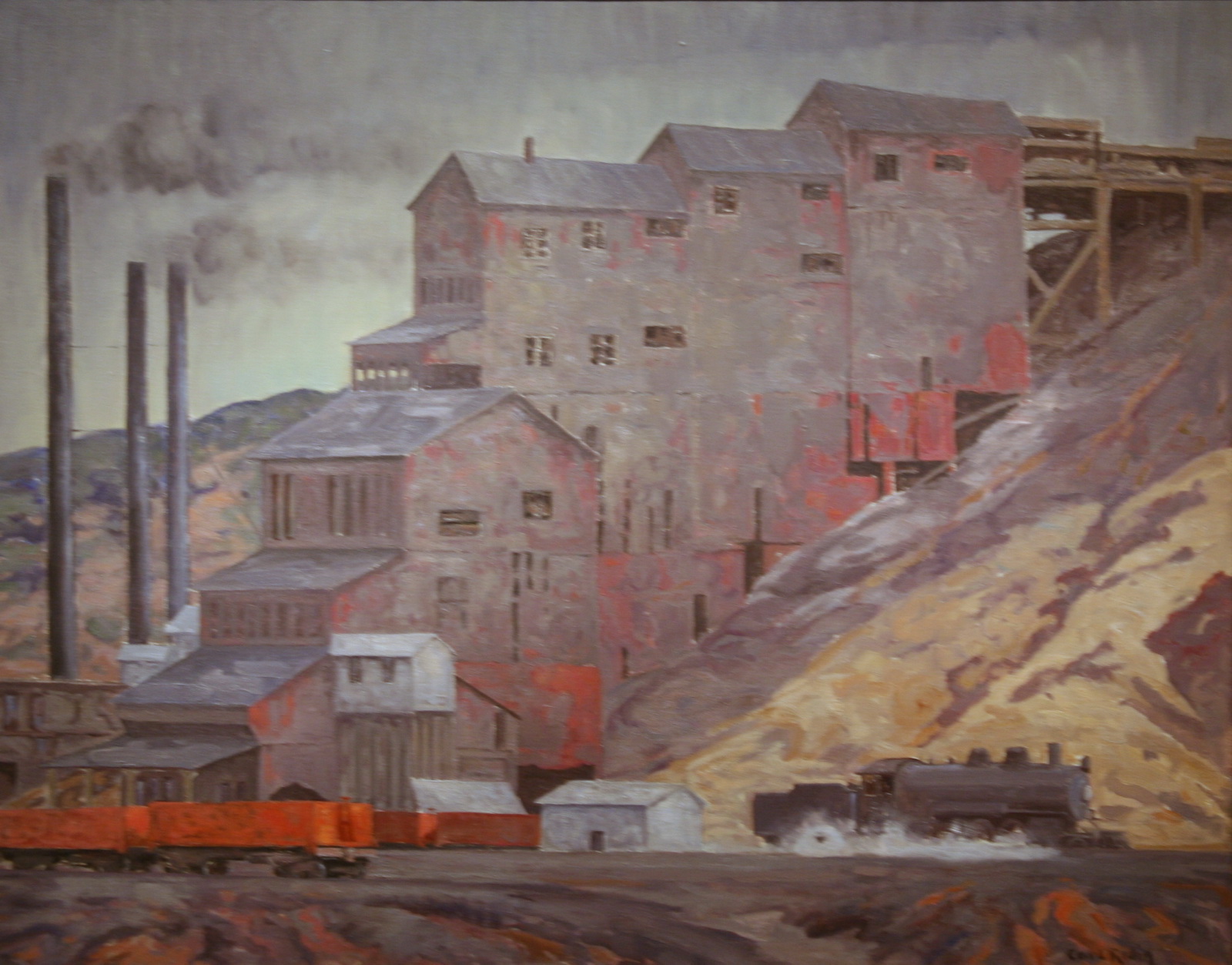 an oil painting of factories on the side of a hill