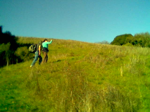 two people with a backpack walking on a grass hill