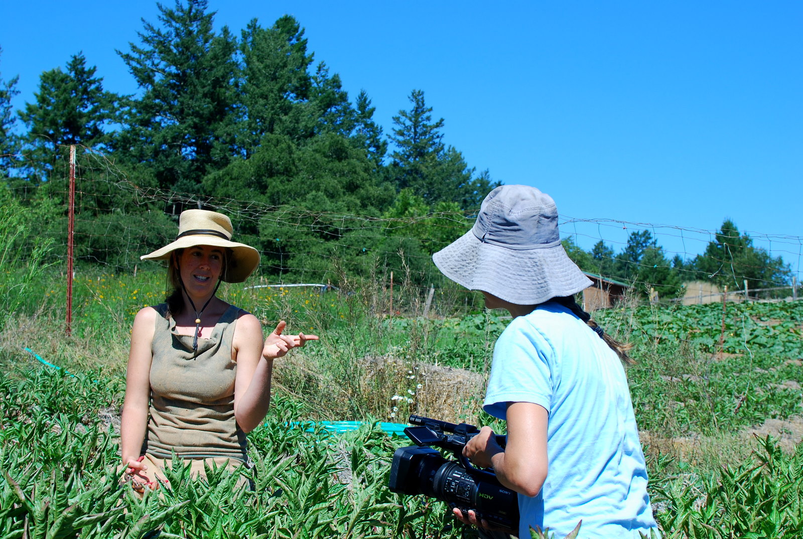 a woman and a boy standing in tall grass with trees in the background