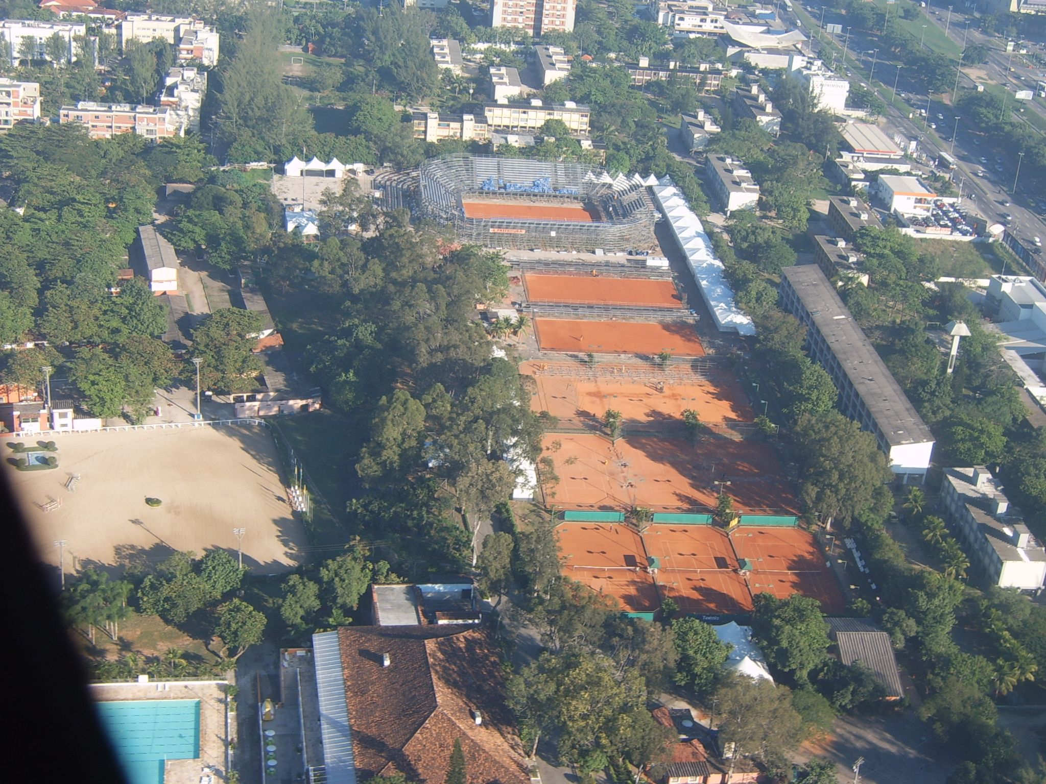 the view of a large tennis court from an airplane