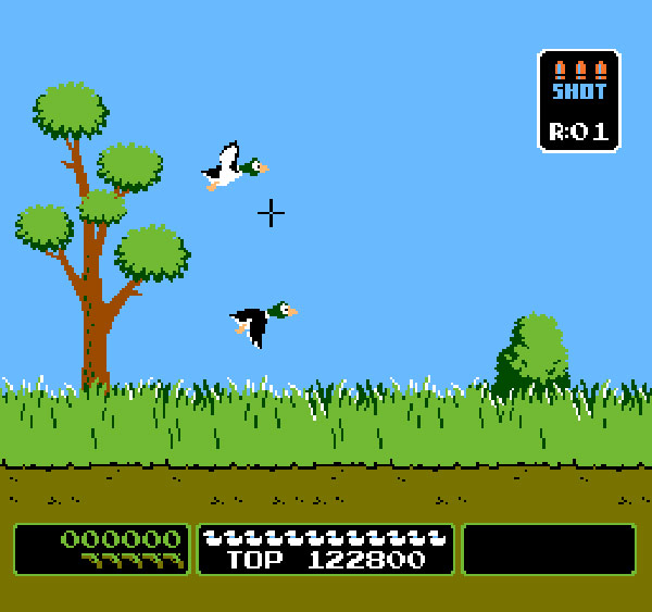 an old style computer game is displayed, with duck hunting