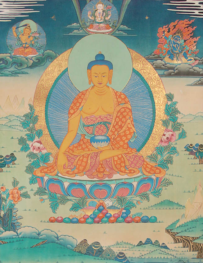 a painting of a buddha in a sitting position on the ground