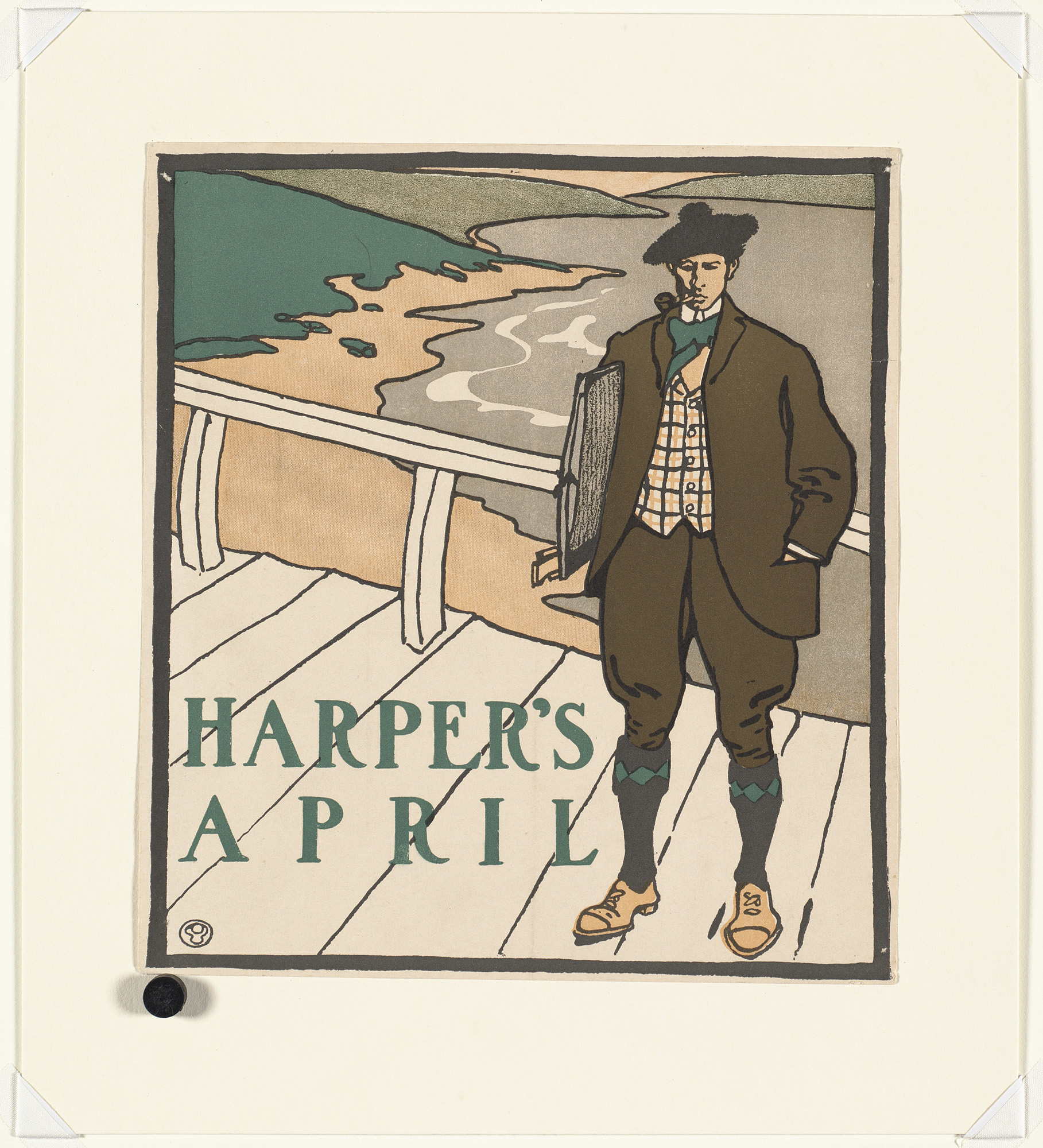 an illustration of a man standing at the deck, looking over a water canal