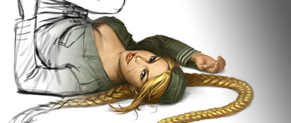 a drawing of a female with blonde hair laying on the floor
