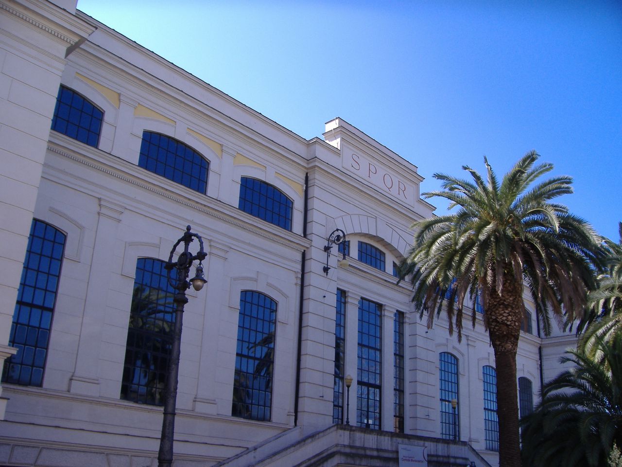 a building with palm trees in front and light blue sky in the background