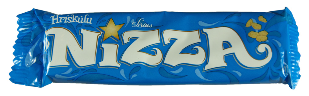 a candy bar with a blue and white wrapper on top