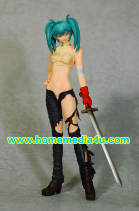an action figure wearing black shorts and holding a sword