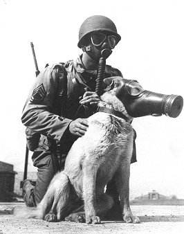 a man wearing a gas mask and holding a dog in his lap