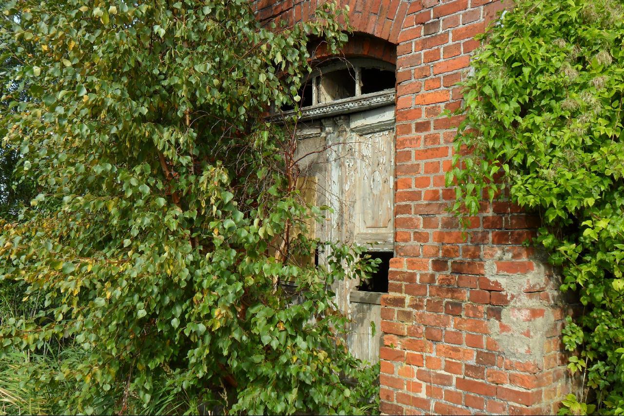 an old window in the side of an old brick building