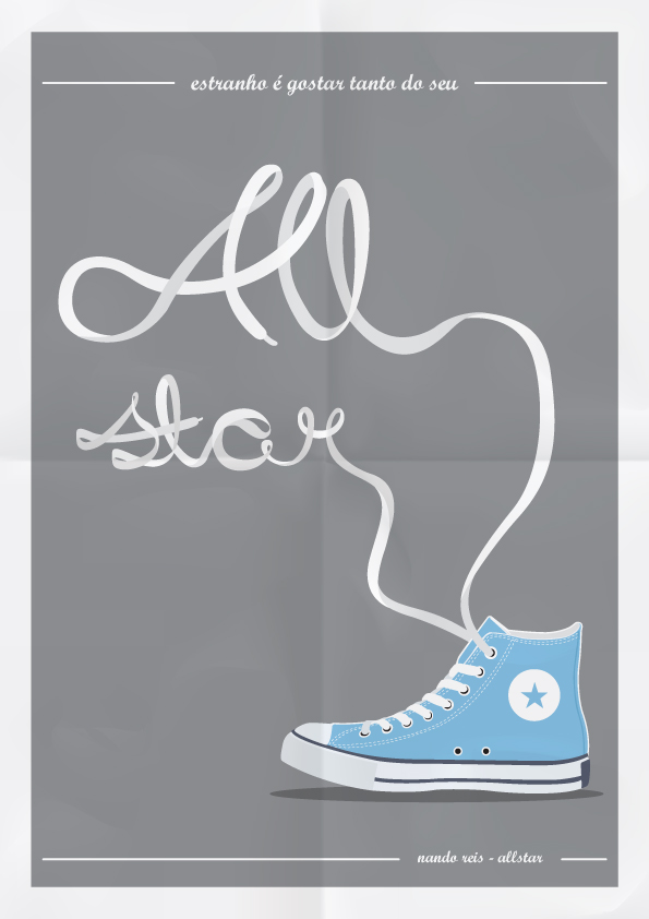a poster of blue sneakers on the side of the screen