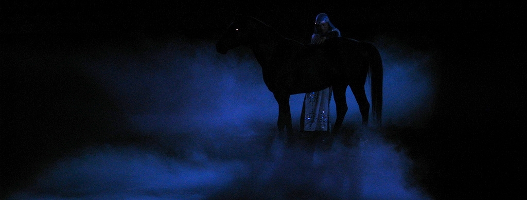 a person on a horse at night riding through smoke