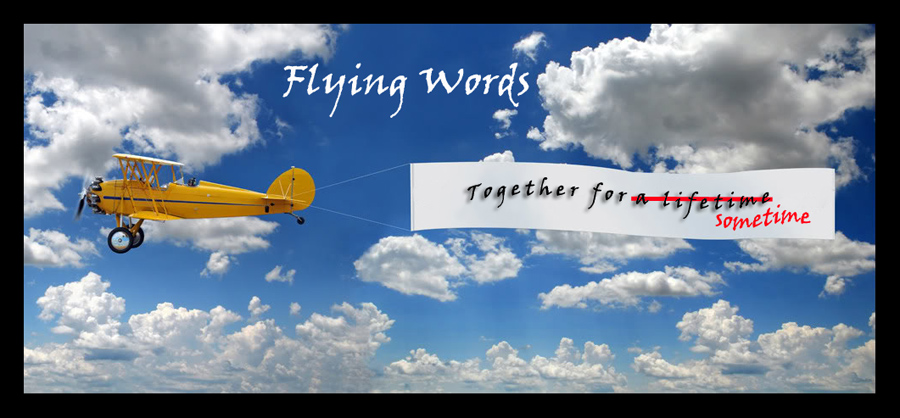 a yellow flying plane with clouds above it and words written on a banner