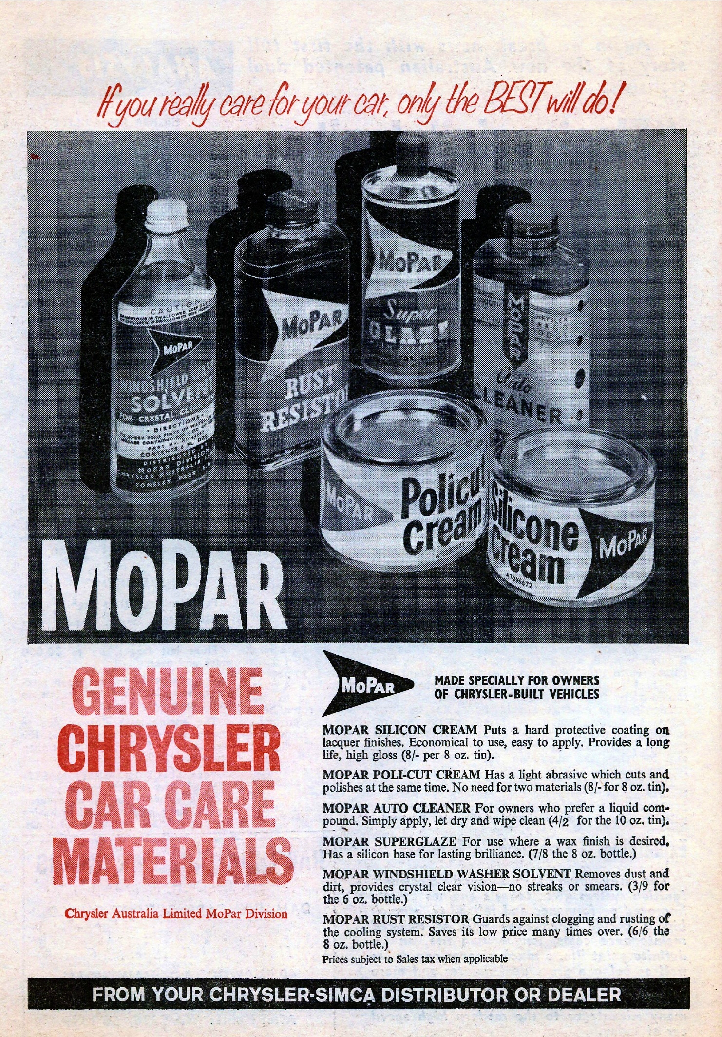 an ad from the 1971 canadian car care guide showing various products