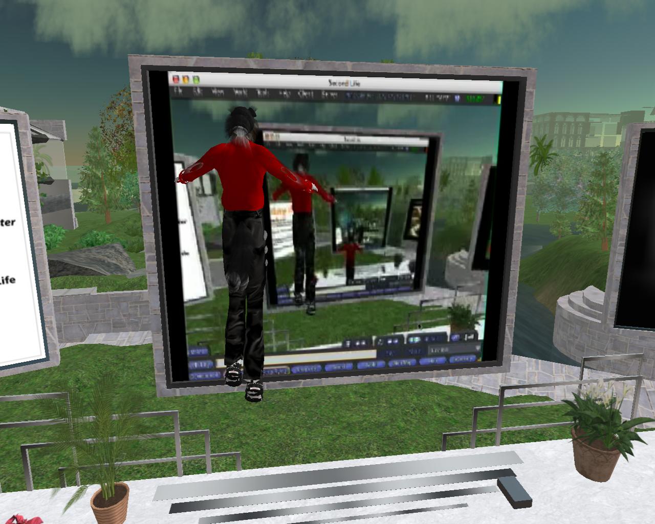 a computer generated image of a man standing on the screen of an open building