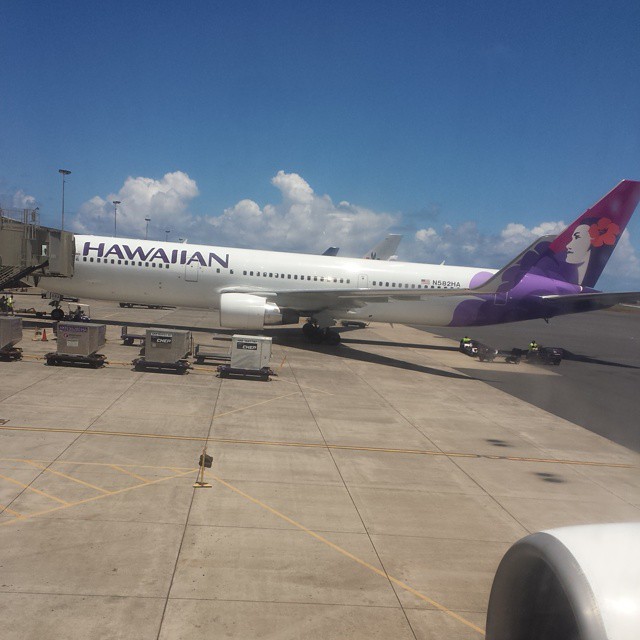 there is a hawaiian plane that is parked