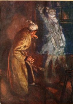 a painting showing a man standing by another person