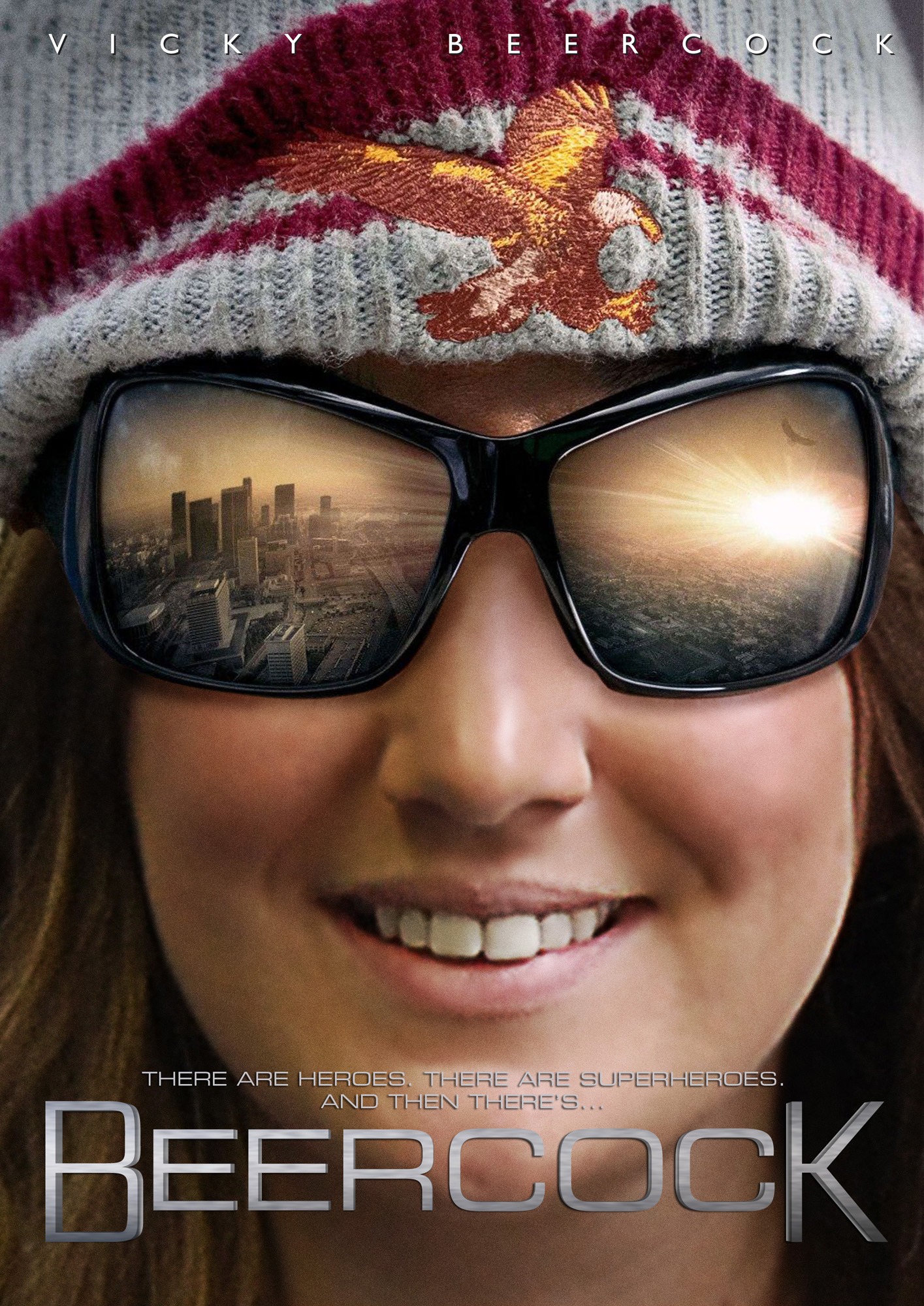 a woman wearing sunglasses in front of a city skyline