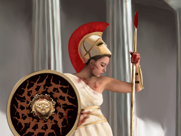 a woman dressed as roman hero holding a shield and spear