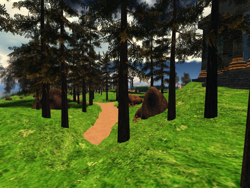 a computer generated painting of a path between two trees