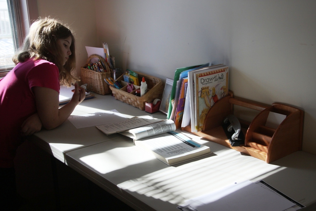 the child is reading at her desk and doing homework