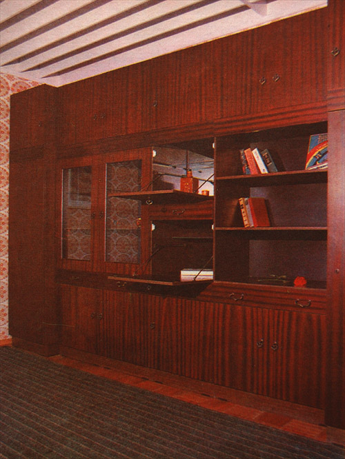 a wooden shelf with books next to a striped wall