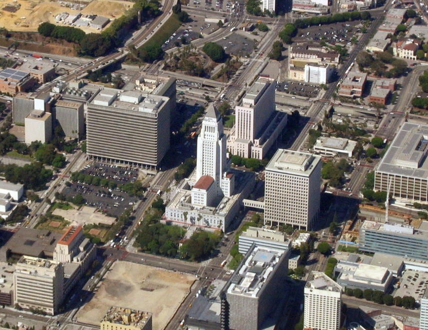 a city skyline is seen from the air