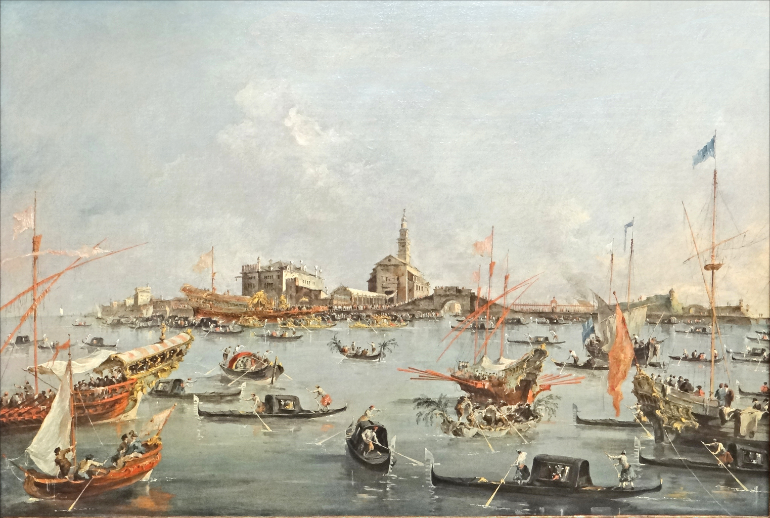 a large painting shows boats in the water