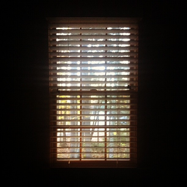 an open window with the blinds open at night