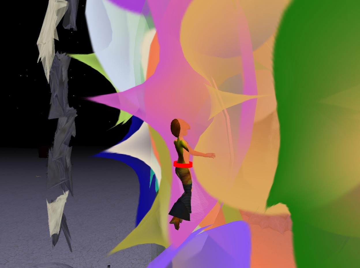 a woman walking through an abstractly colored landscape