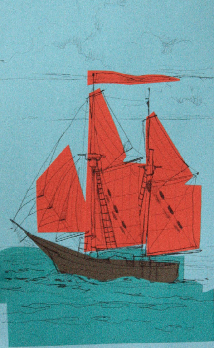 a red sailing ship floating on a body of water