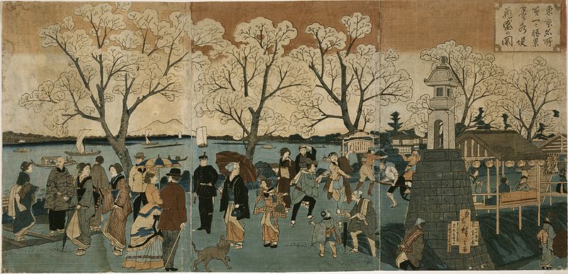 painting of a crowded riverbank with people skating