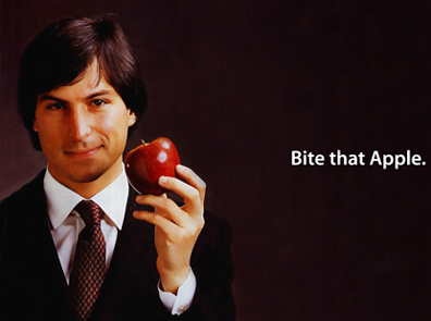 man holding apple with bite that apple quote above image