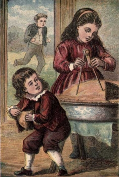 two children are playing with a doll and an old - fashioned po