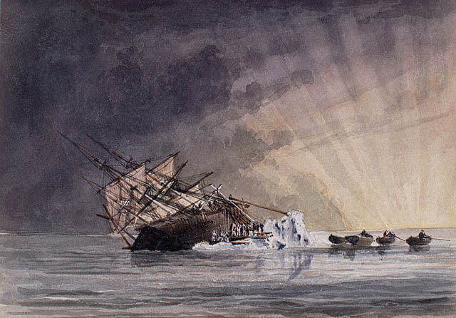 a drawing of a sinking ship in rough waters