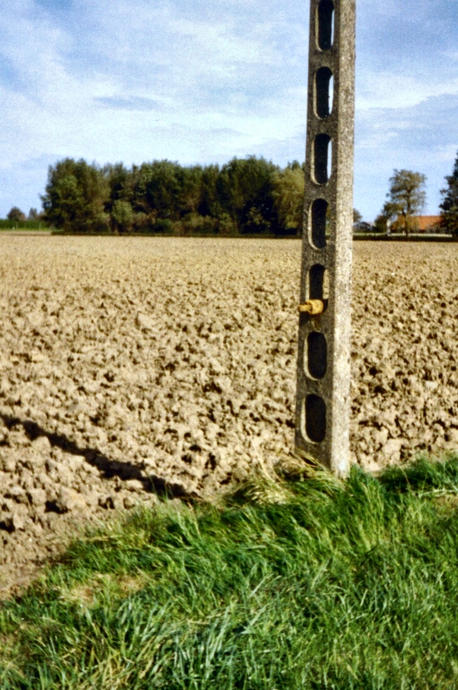 a field that has been plowed in and has a telephone pole