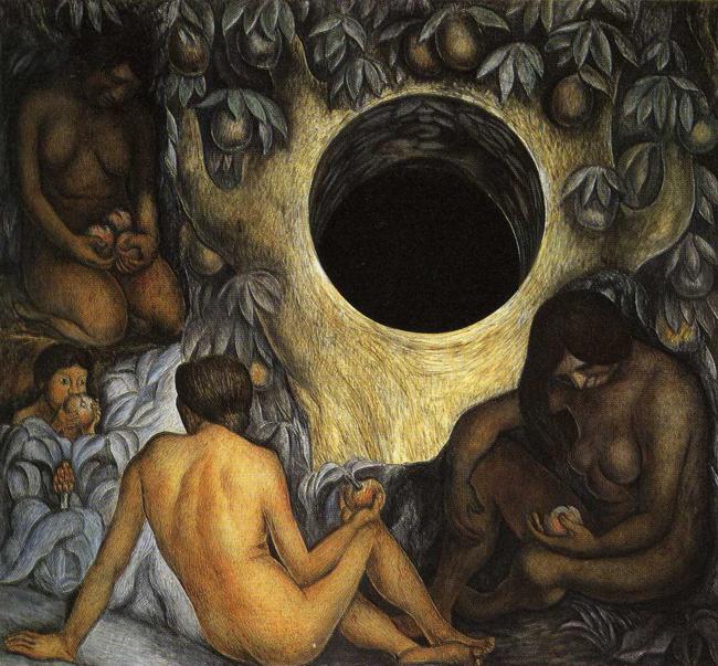 the painting shows a group of people sitting in front of a hole