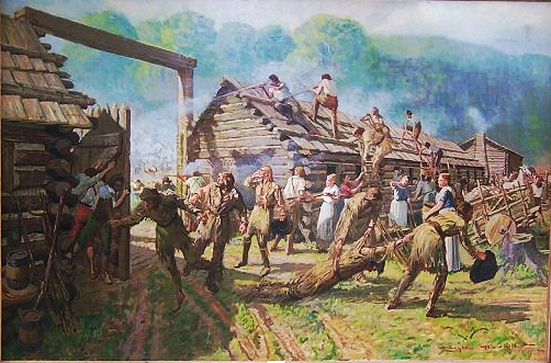 painting of men engaging with a fort with firewood
