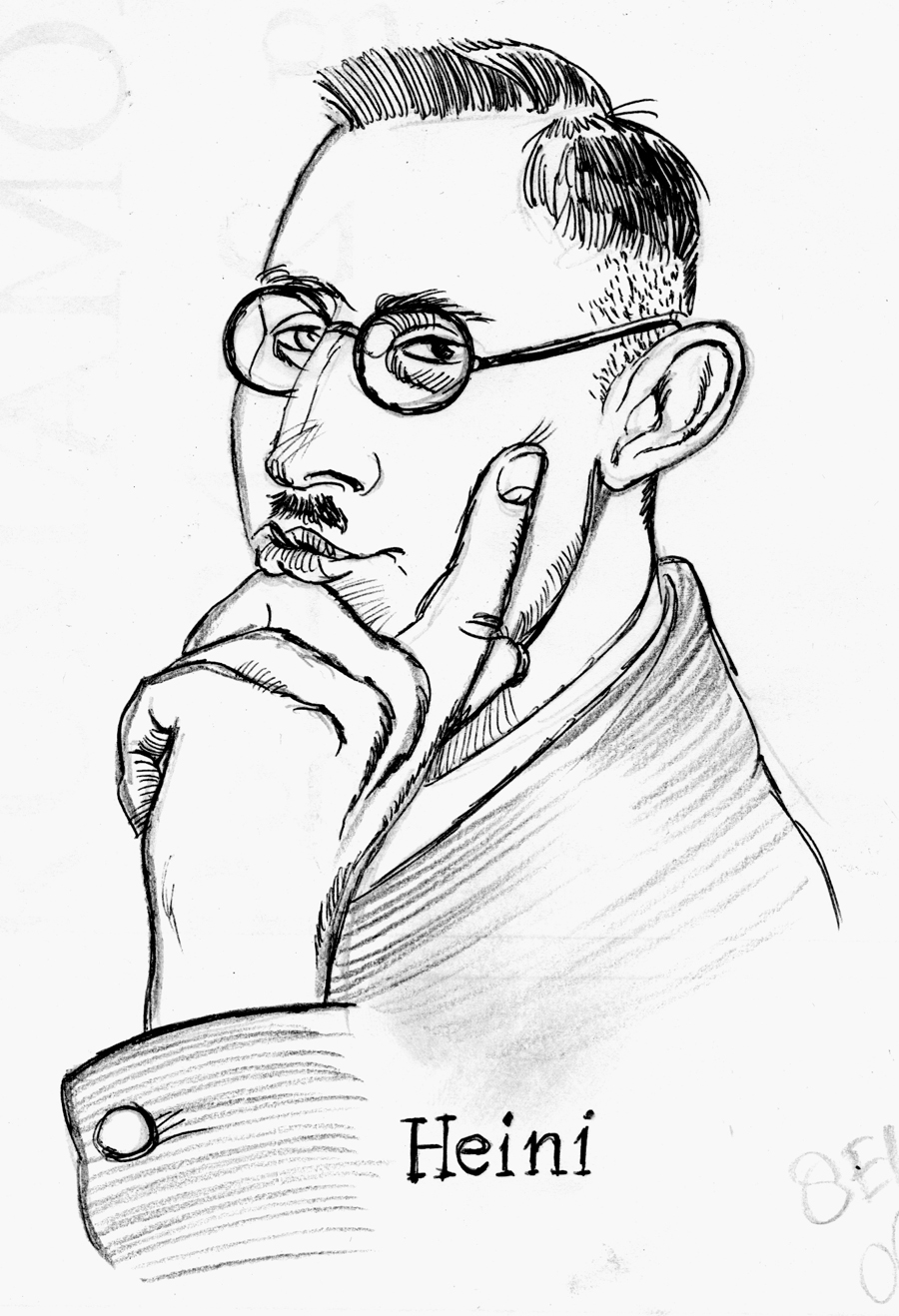 black and white inked drawing of a man with glasses and his chin on his hand