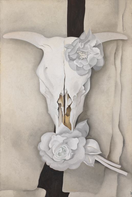 a painting of a flower and a cow's skull