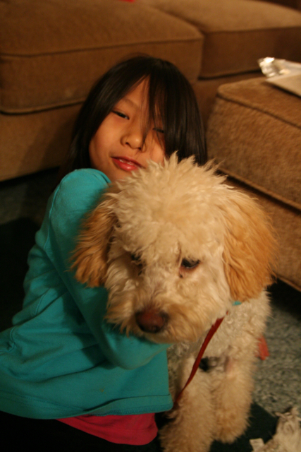 girl hugging and cuddling her dog at home
