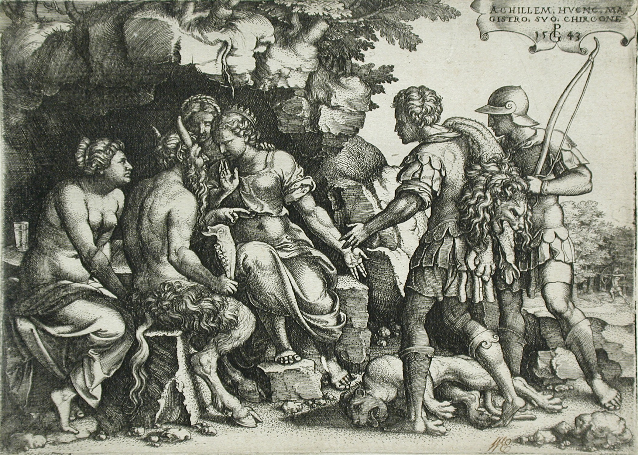 a drawing shows a man standing with a sword in a cave surrounded by other people