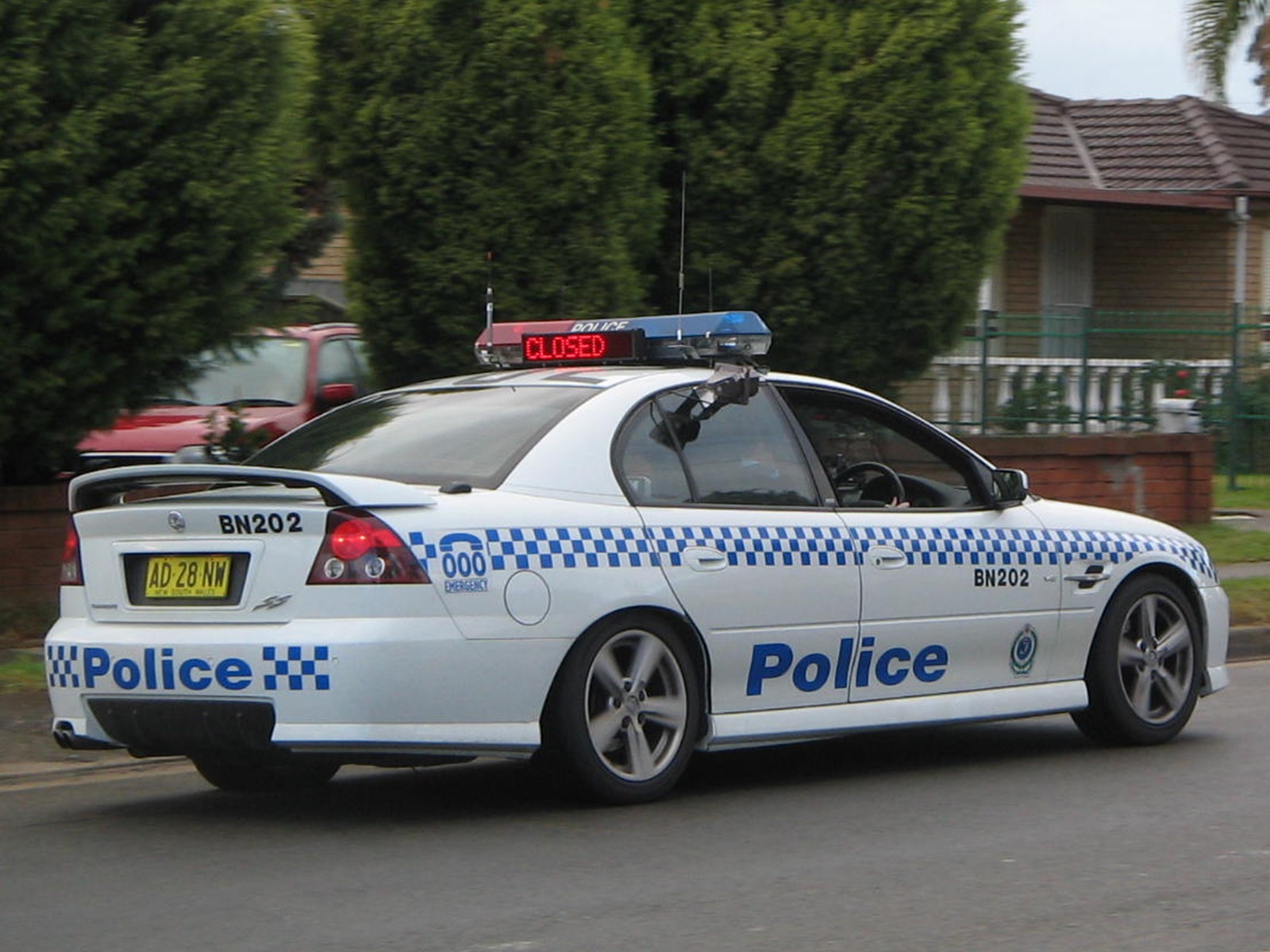 police car on street with green trees in background