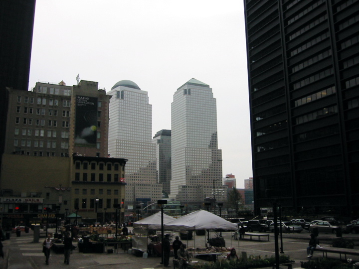 a group of people walking around in a big city