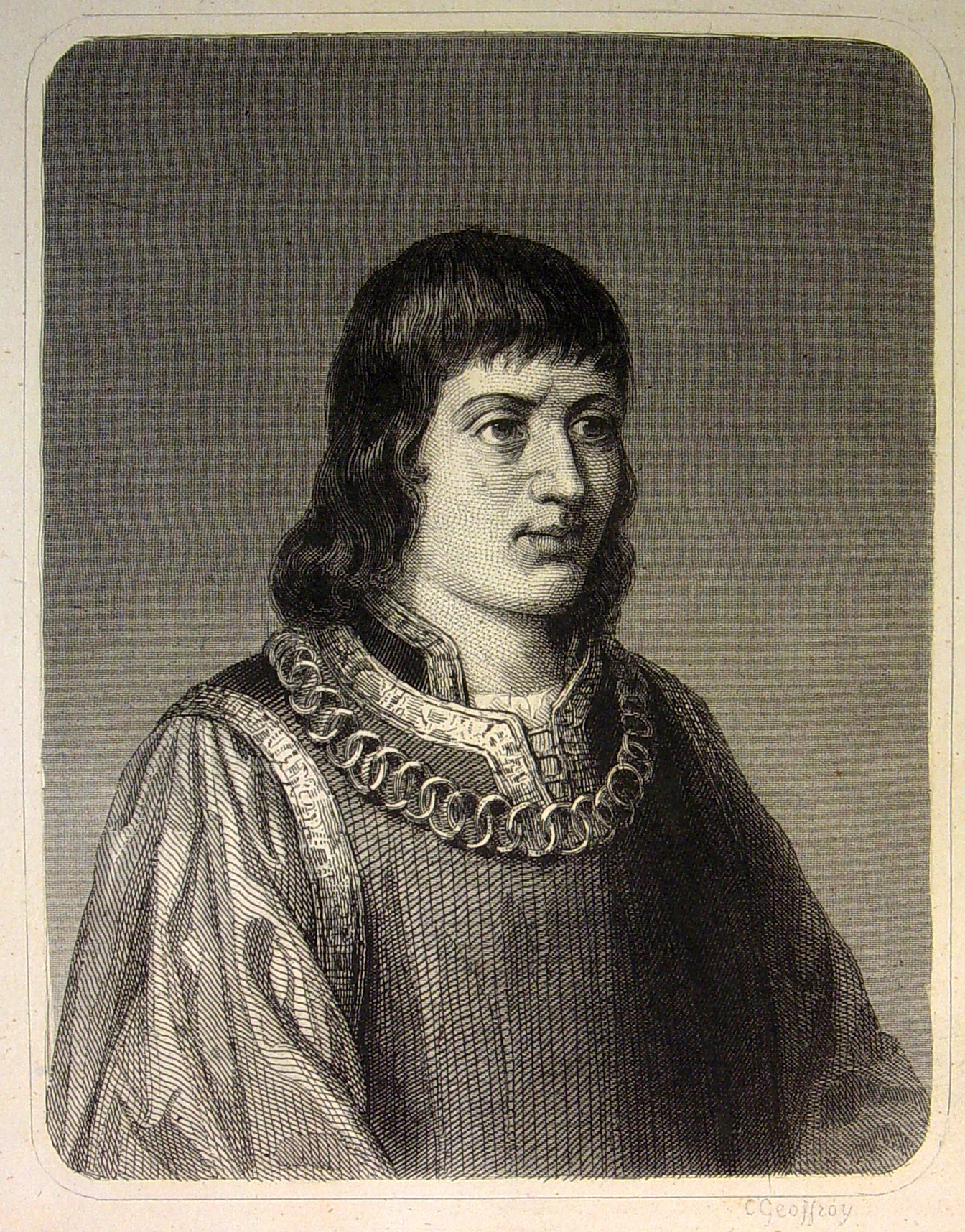 an old engraving of a man in a black dress
