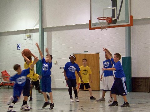a group of young children playing basketball in a gym