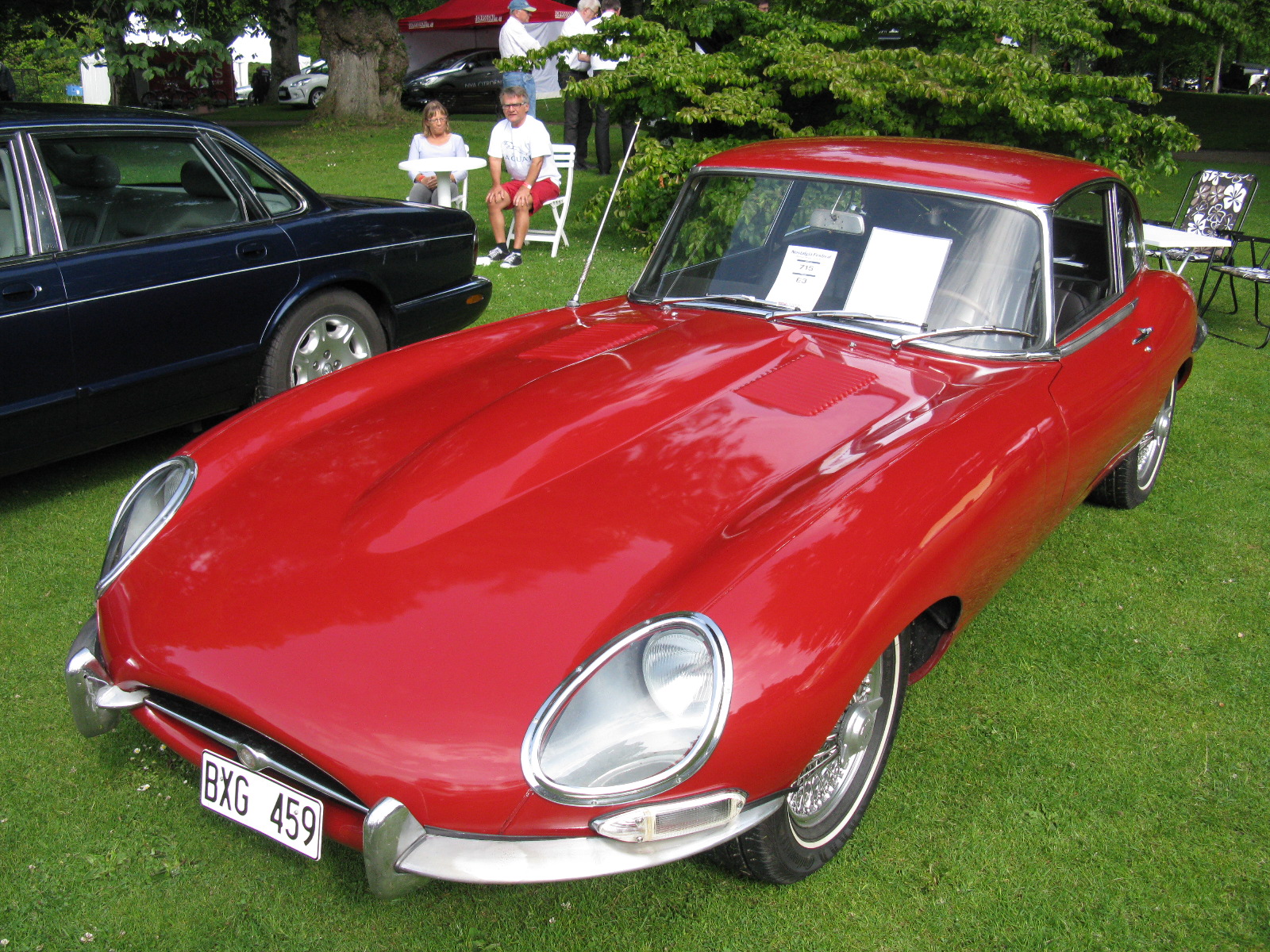 an older model car is parked on the lawn