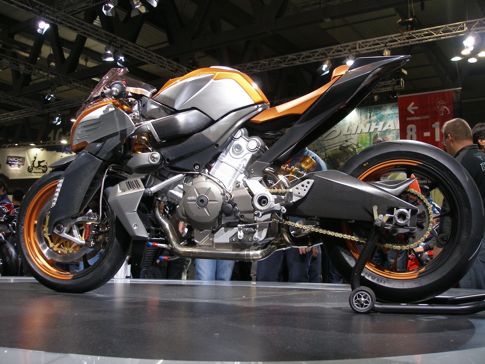 a large motorcycle on display at a motor show