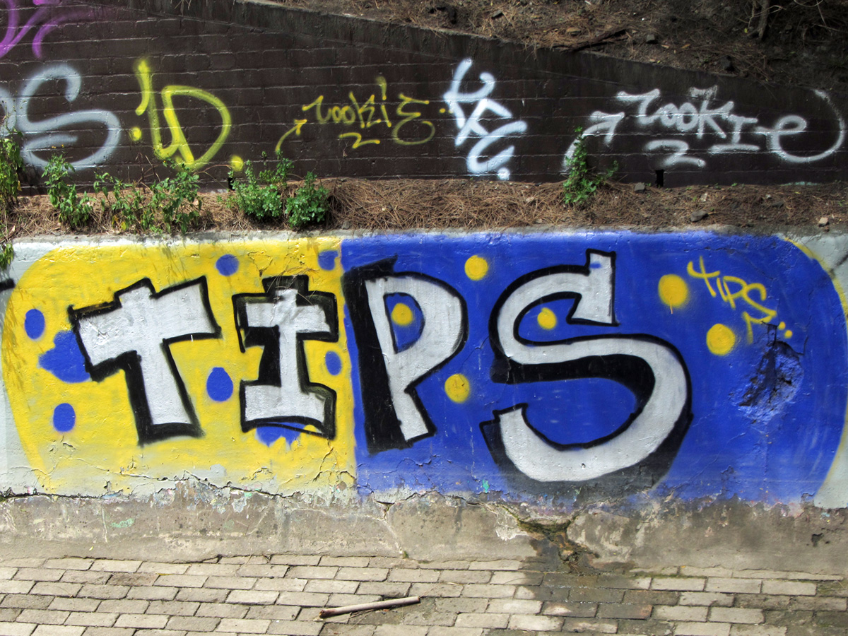 a colorful graffiti is displayed along a cement wall