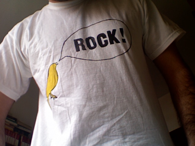 a man wearing a rock on his shirt