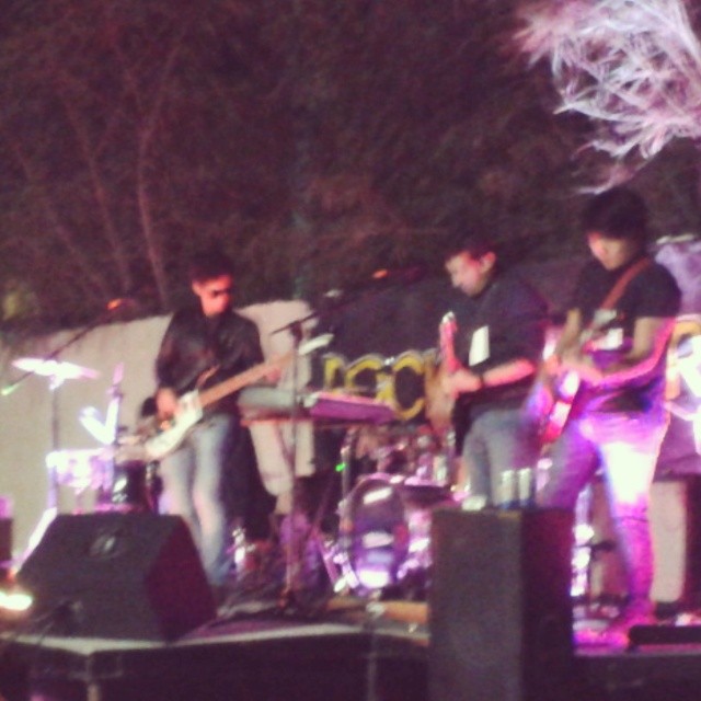 a band playing on a stage in front of some trees